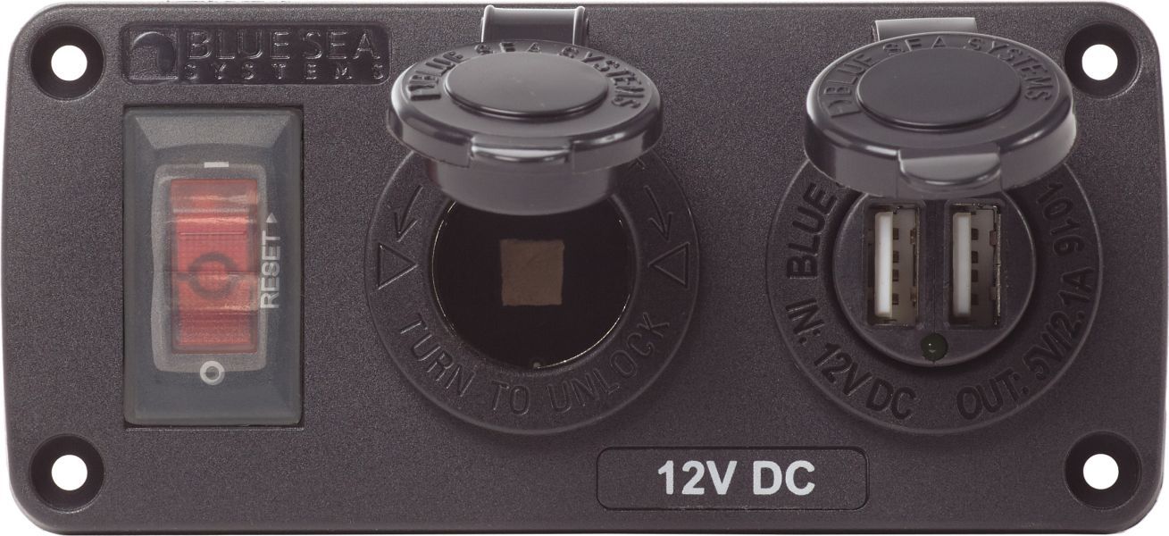 Blue Sea - water -protected sockets panel - 12V DC + USB